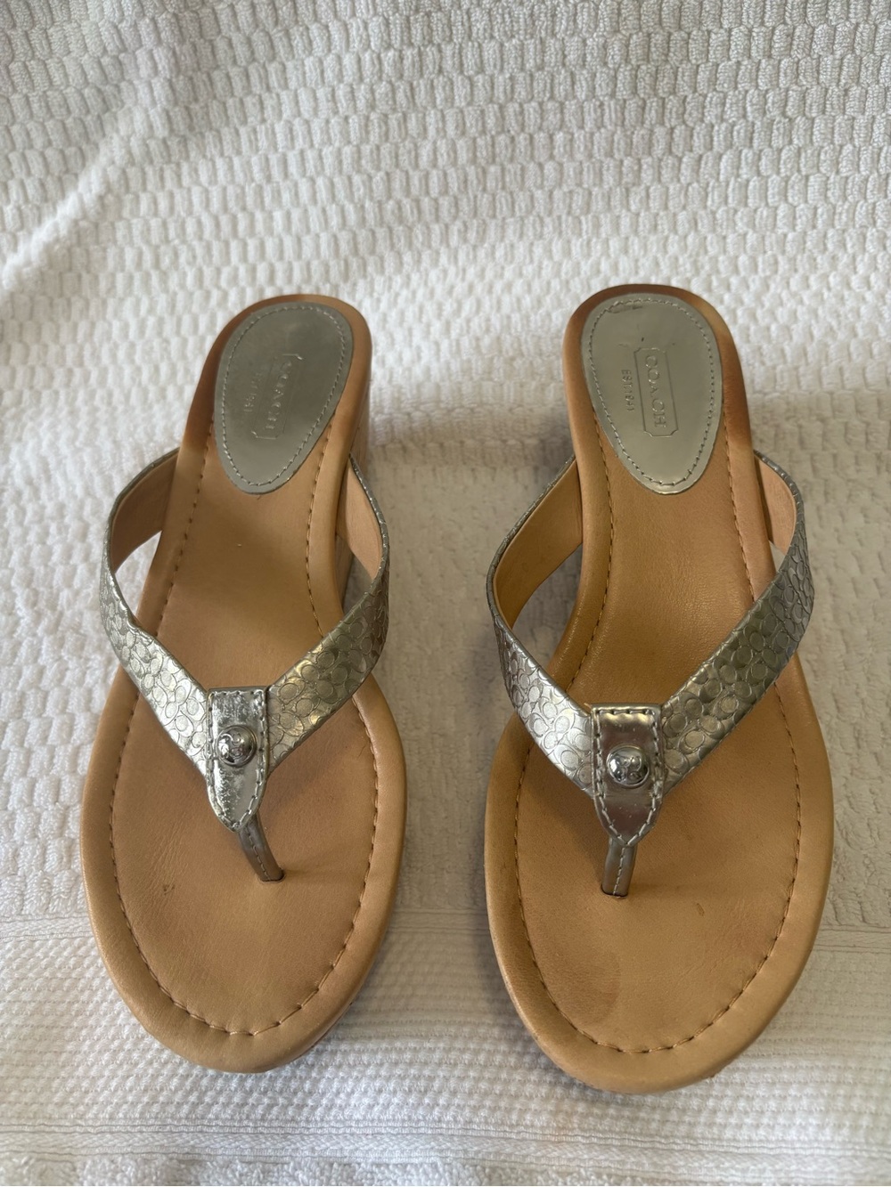 Coach Metallic Silver Thong Sandals with Tan Footbed